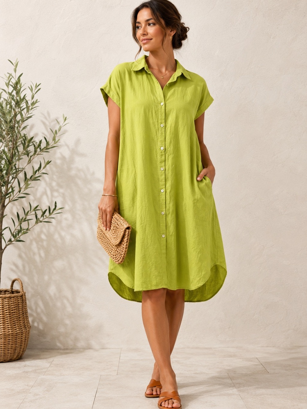 Calligraphie Chartreuse Linen Blend Shirt Dress with Pockets – XL